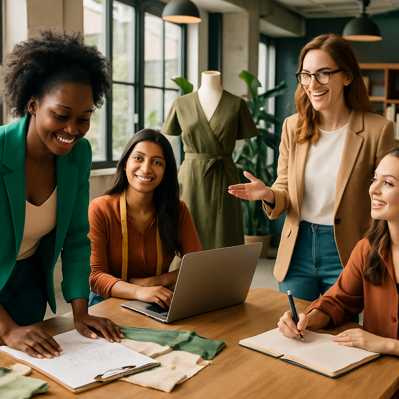 Drie vrouwelijke mode-ondernemers werken samen in een moderne ruimte met duurzame fashion ontwerpen