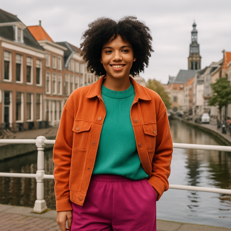 Jonge vrouw in kleurrijke kleding in Leiden stad, representatief voor mode en mentaal welzijn.