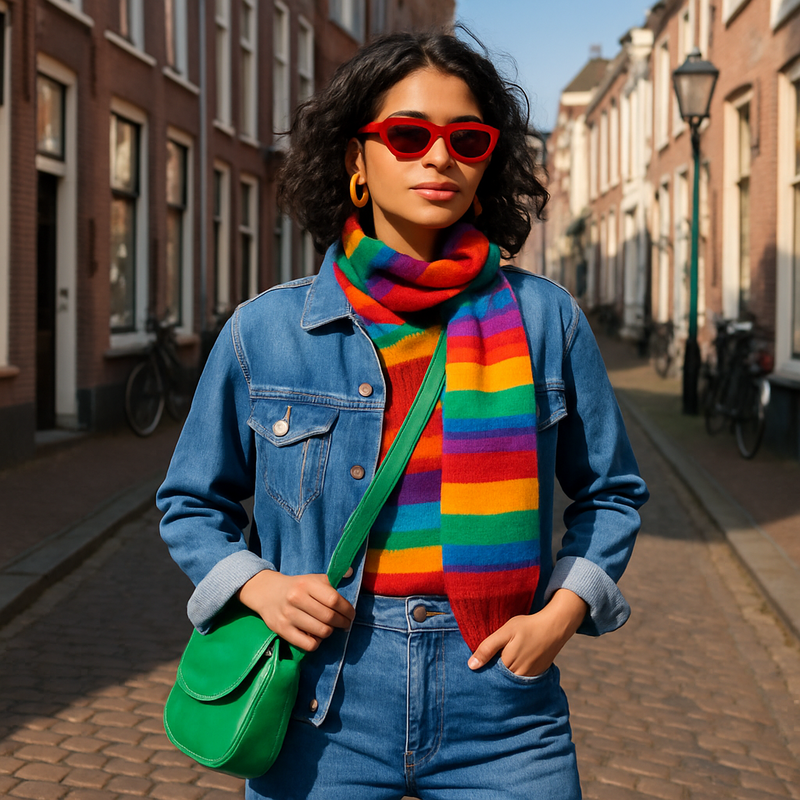 Jonge volwassene draagt denim-on-denim en kleurrijke accessoires in stedelijke omgeving