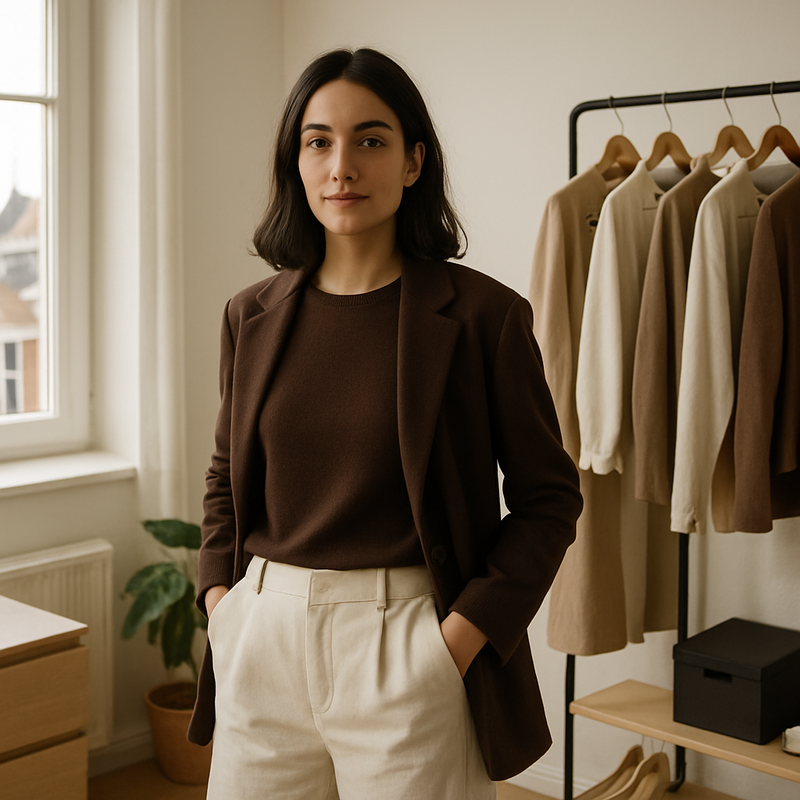 Jonge volwassene in minimalistische, warme outfit in modern appartement met overzichtelijke garderobe