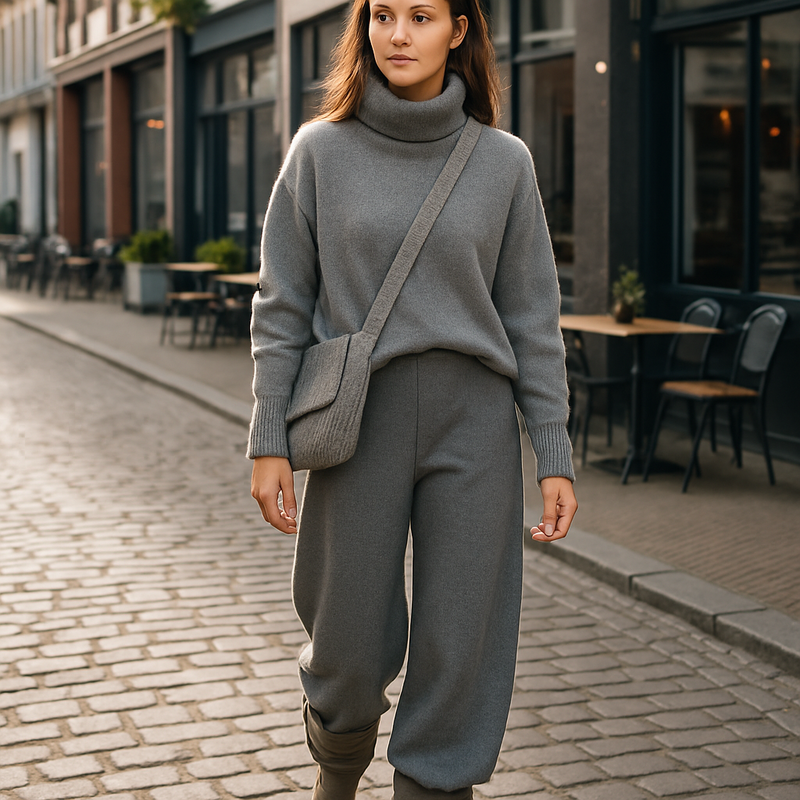 Jonge volwassene in een grijze ton-sur-ton outfit met slouchy laarzen op een straat in Leiden