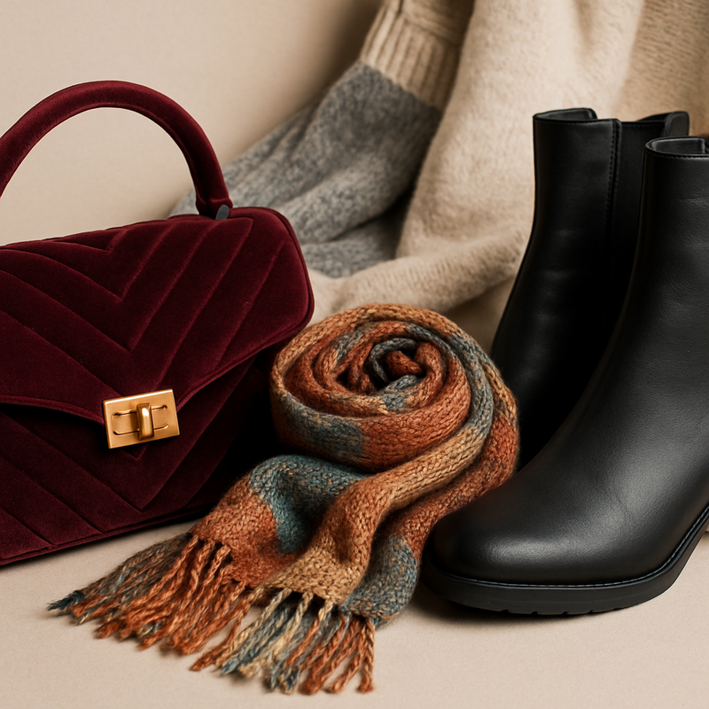 Een stijlvolle collectie winteraccessoires zoals fluwelen tassen, gerecyclede sjaals en vegan leren laarzen