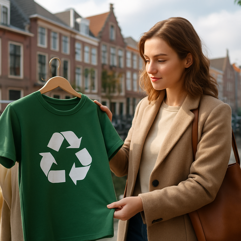 Persoon die duurzame kleding bekijkt in een winkel, met recycling symbolen op achtergrond in Leiden.