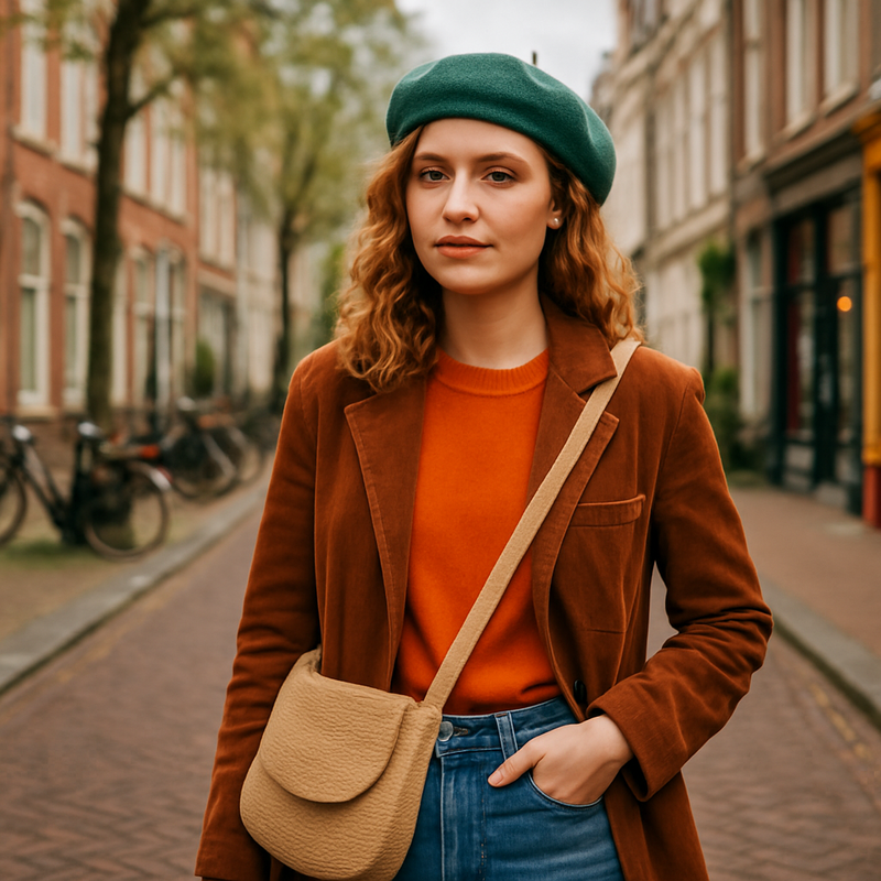 Stijlvolle jonge influencer met duurzame kleding in een Leidse straat