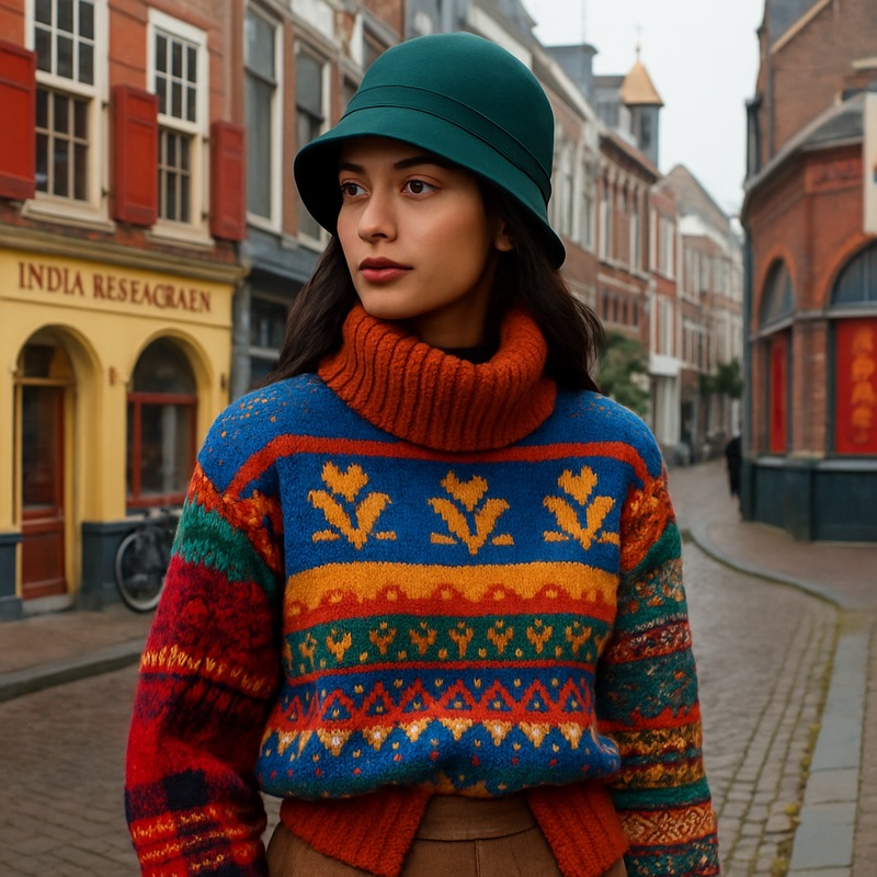 Stijlvolle vrouw met kleurrijke knitwear en clochehoed op straat in Leiden, herfst-winter 2025 mode