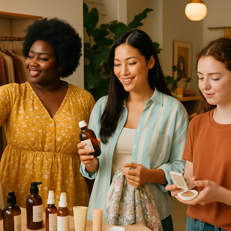 Diverse groep mensen winkelt in een moderne, inclusieve mode- en beautywinkel in Nederland