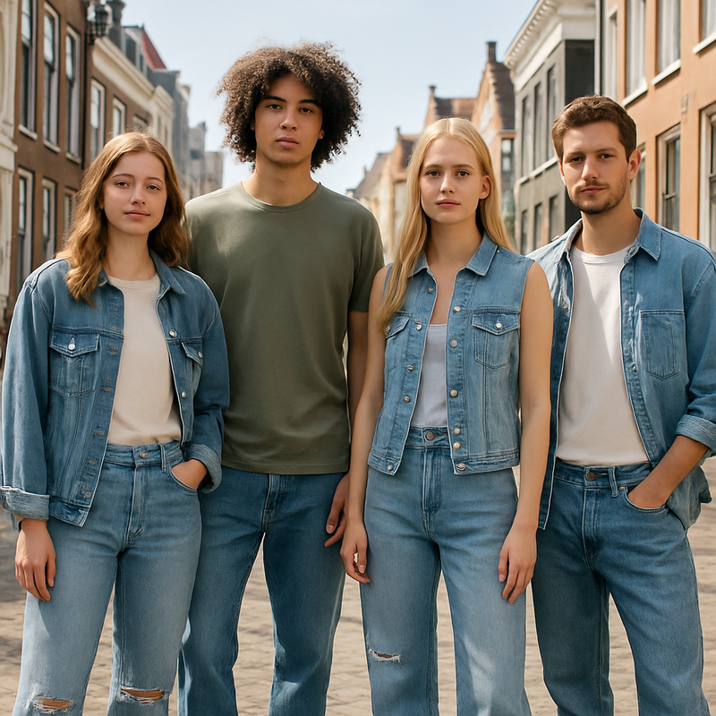 Jongvolwassenen dragen duurzame, stijlvolle jeans in een stadsomgeving in Leiden