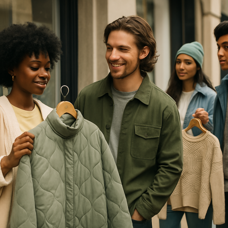Jonge diverse groep mensen winkelt duurzame en AI-ontworpen mode in een stedelijke omgeving