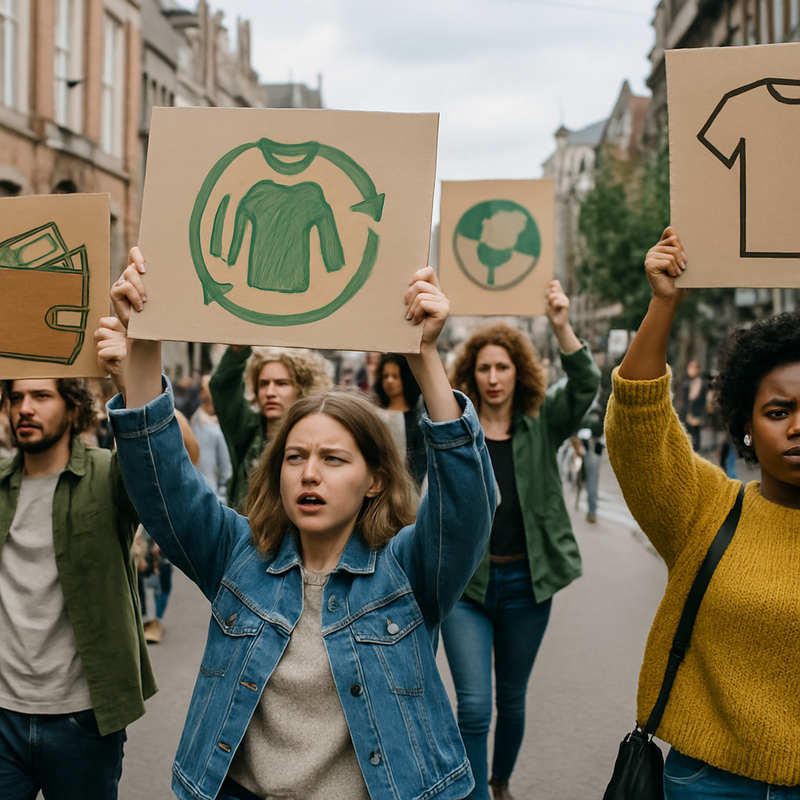 Groep demonstranten met borden tegen fast fashion en voor duurzame mode in Nederlandse stadsomgeving