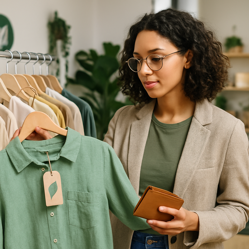 Jonge modieuze persoon bekijkt duurzame kleding in winkel