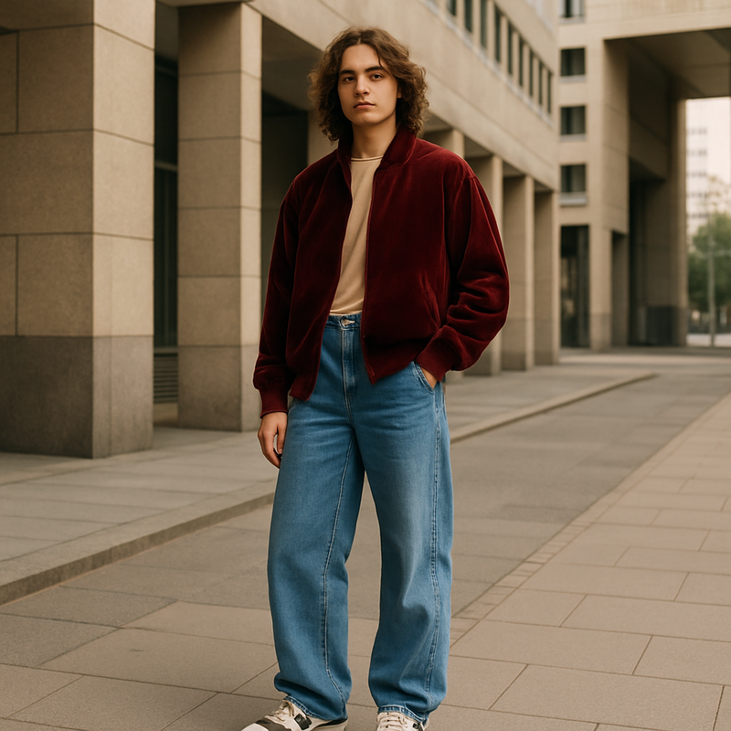 Modebewuste persoon draagt jaren '90 fluwelen broek met wide leg jeans en retro sneakers in stad