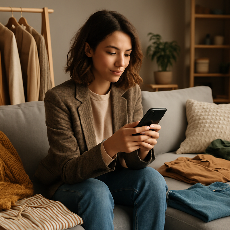 Jonge vrouw shopt met smartphone thuis tussen duurzame en tweedehands kleding