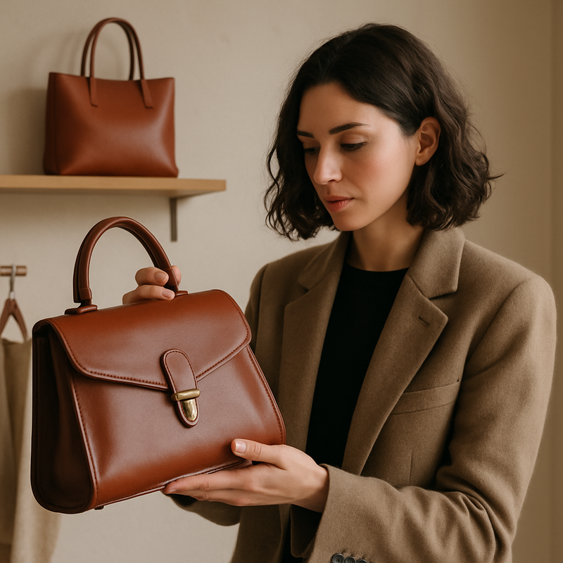 Persoon bekijkt een handgemaakte leren handtas in een stijlvolle winkel