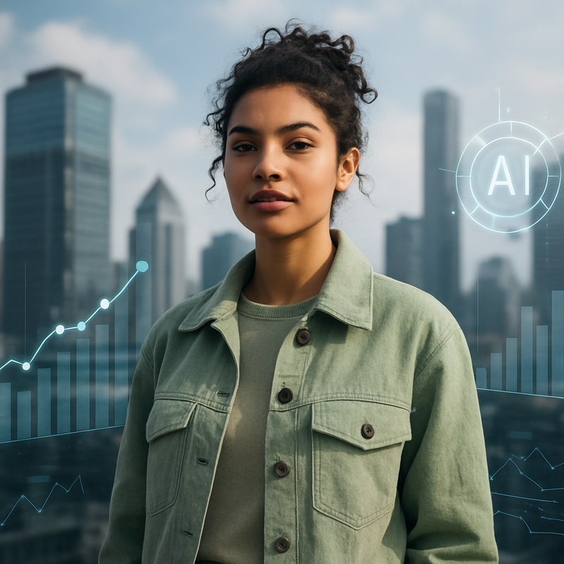 Jonge modieuze persoon in duurzame kleding met overlay van AI-trenddata