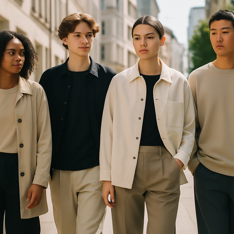 Groep jonge mensen in genderneutrale kleding in een stedelijke omgeving, illustratie van moderne mode en financiële slimheid.