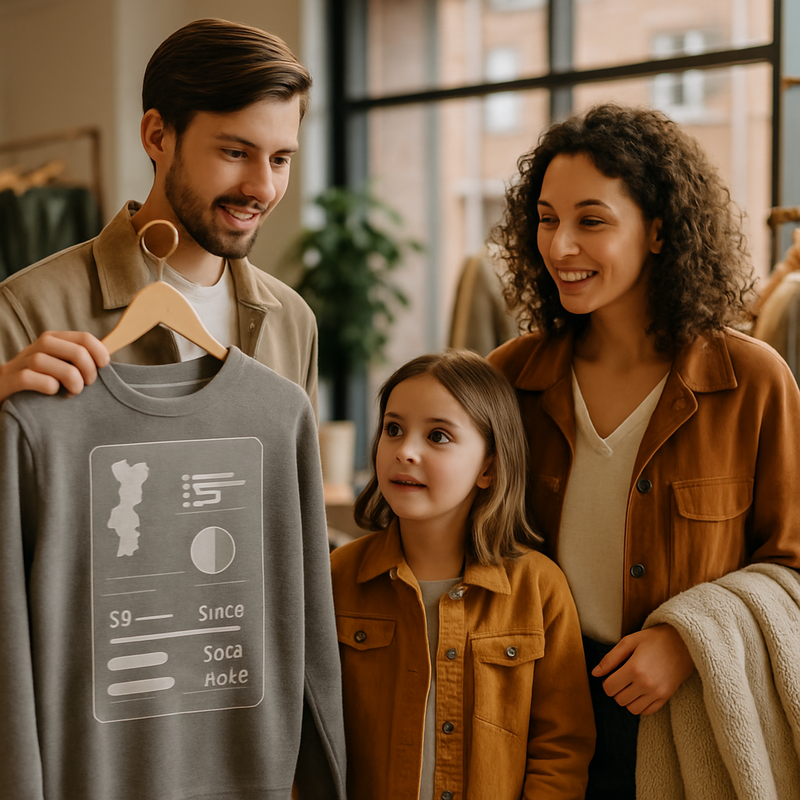 Jong gezin bekijkt duurzame kleding in winkel met digitale informatie over productherkomst en prijs