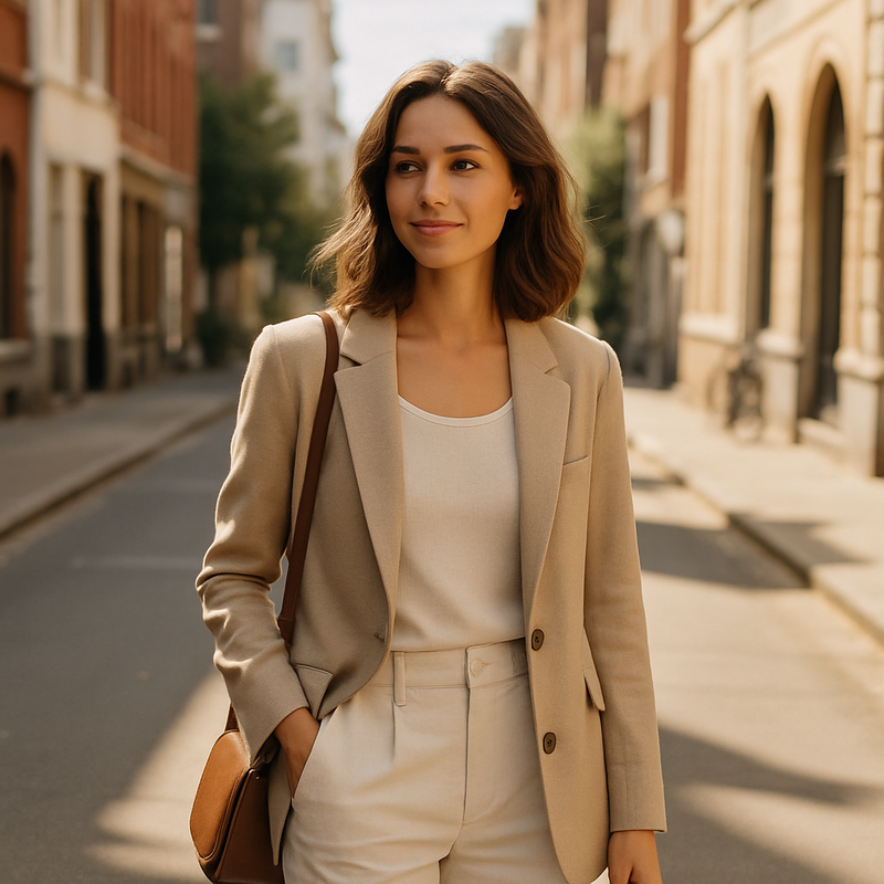 Stijlvolle vrouw poseert met capsule wardrobe kleding in een stadse omgeving