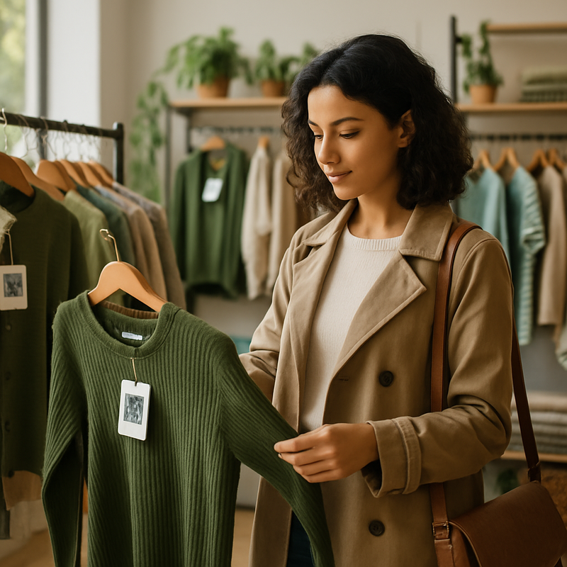 Jonge bewuste consument shopt duurzame kleding met QR-codes voor transparantie in een moderne winkel in Leiden