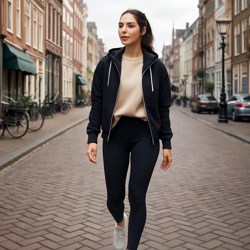 Jonge volwassene in athleisure outfit in een moderne stadsscene van Leiden