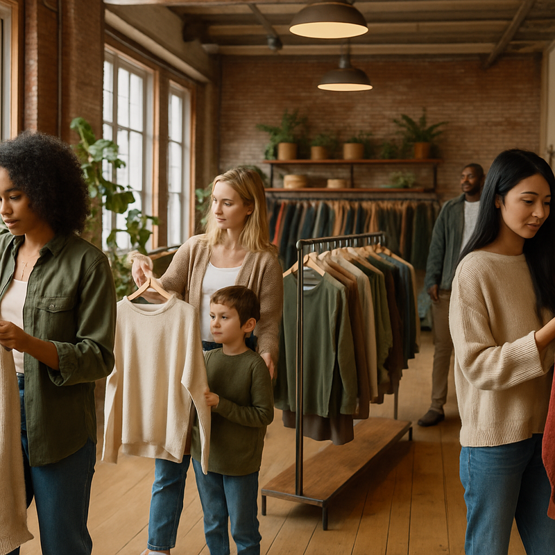 Moderne vintage kledingwinkel interieur met duurzame kleding en diverse klanten