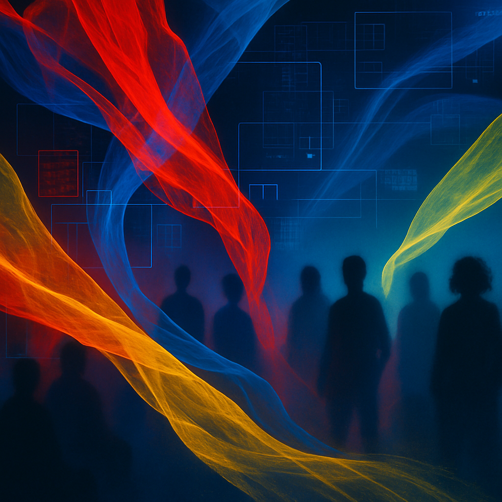 Een abstracte, kleurrijke fotografie van zwevende, doorschijnende stoffen die overvloeien in digitale interface-elementen. Op de achtergrond zijn vage figuren te zien die meekijken op schermen, wat de wereldwijde toegankelijkheid van digitale mode-evenementen symboliseert.