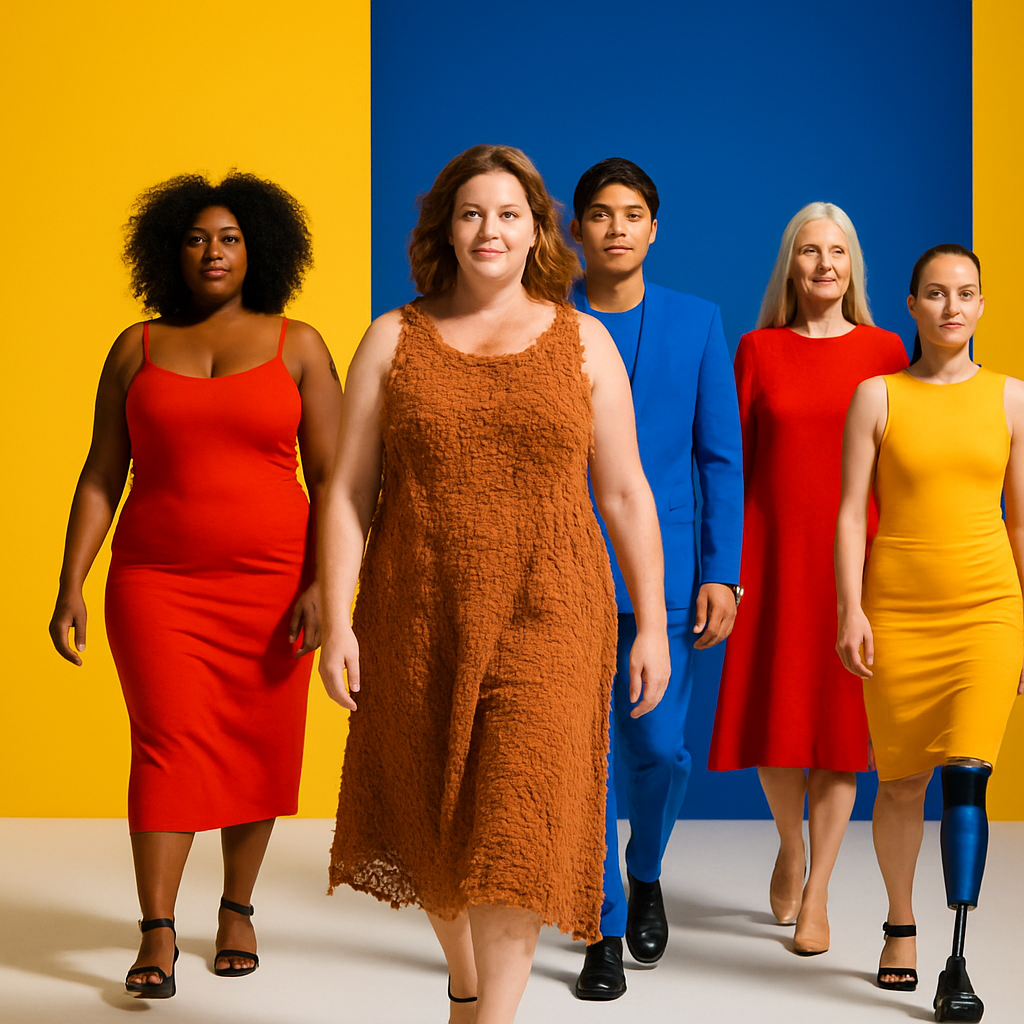 Verschillende modellen met diverse achtergronden, lichaamstypes en leeftijden op een catwalk, met nadruk op duurzame mode en inclusiviteit. Heldere kleuren en sterke contrasten vangen de essentie van een moderne Fashion Week.