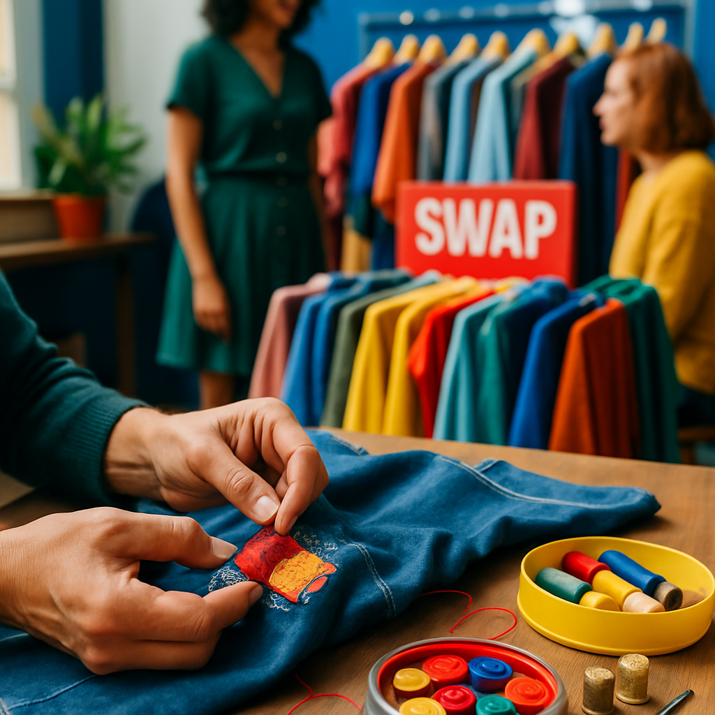 Een levendige close-up van handen die kleding repareren bij een repair-café op een duurzaam mode-evenement, met op de achtergrond een kledingruilrek en workshopruimte.