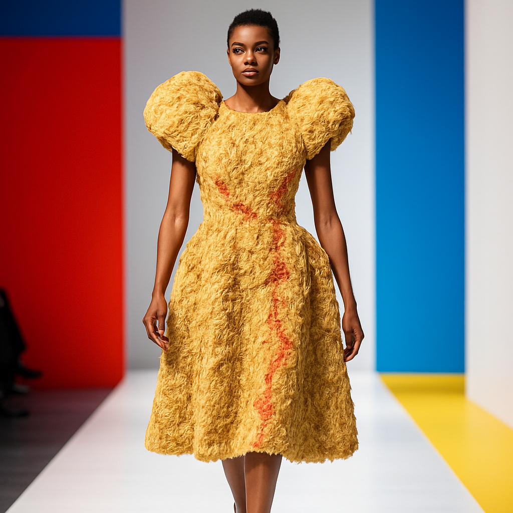 Een detailopname van een elegant, futuristisch kledingstuk gemaakt van natuurlijke, beige en aardetinten die de textuur van paddenstoelmycelium of ananasvezels nabootsen, gepresenteerd op een heldere catwalk met een minimalistische achtergrond.