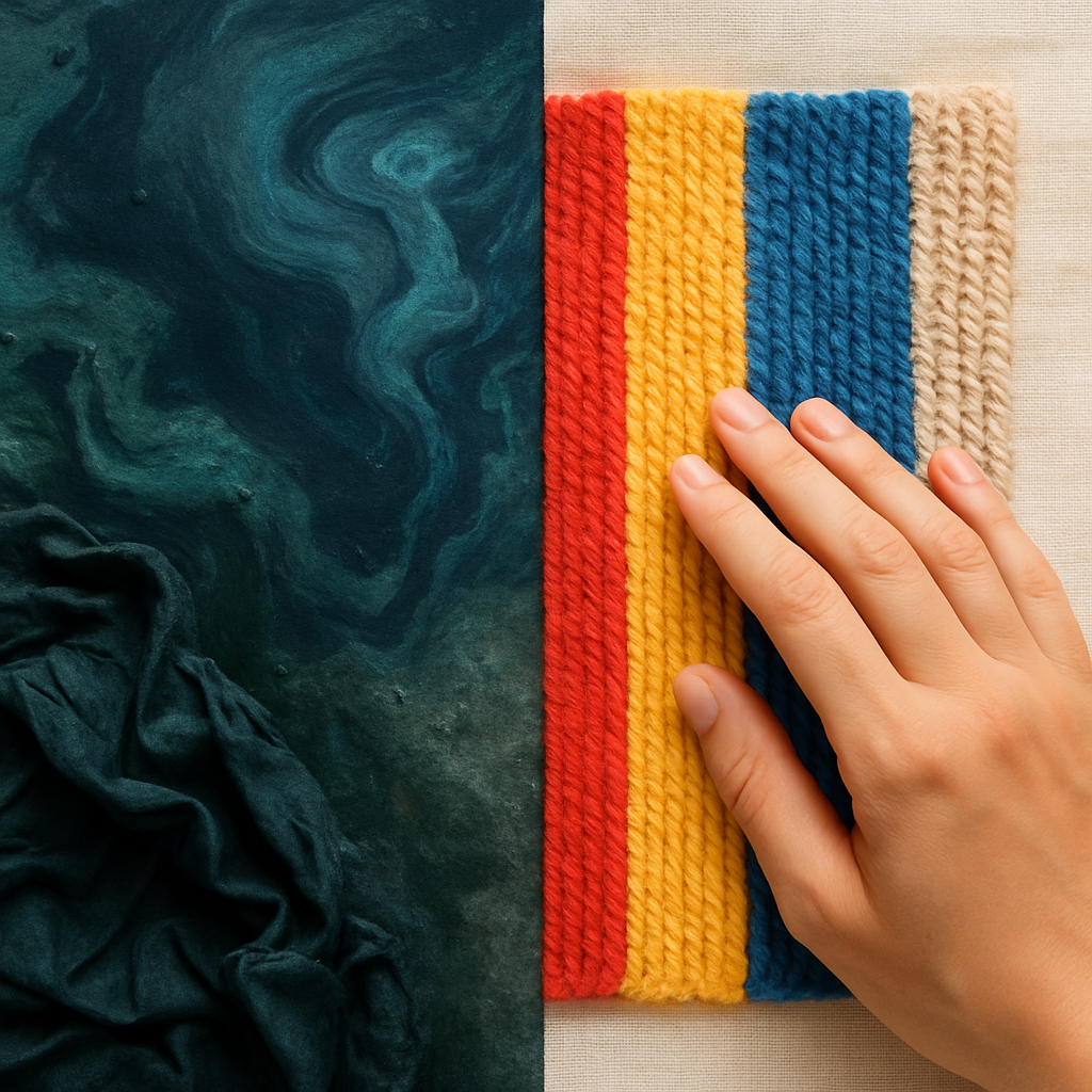 Een artistieke afbeelding die het contrast toont tussen de milieu-impact van fast fashion (donkere, stromende verfstoffen en textielafval) en de hoop van duurzame mode (schone, heldere garens en natuurlijke stoffen).