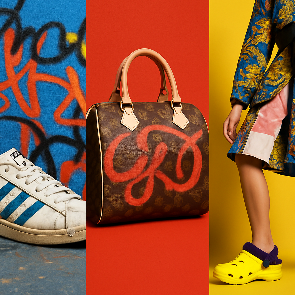 Een dynamisch drieluik van fashion collabs. Links een vintage sportschoen bij graffiti, in het midden een luxe tas met street art, rechts een moderne outfit met een onverwachte accessoire. Het toont de reis van streetwear naar high fashion collabs.