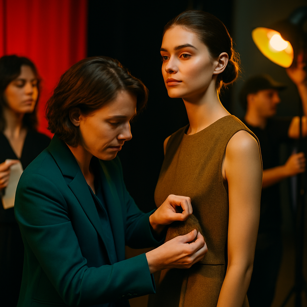 Een backstage foto van een ontwerper die de outfit van een model aanpast, met op de achtergrond leden van het productieteam. Het beeld benadrukt de zorgvuldige voorbereiding en samenwerking vóór een modeshow.