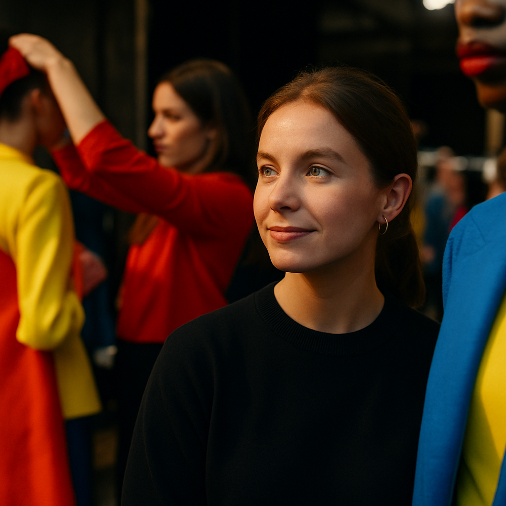 Een jonge vrouwelijke ontwerper met een intense, trotse blik backstage bij een modeshow, omringd door geordende chaos en een flits van kleurrijke kledingstukken.