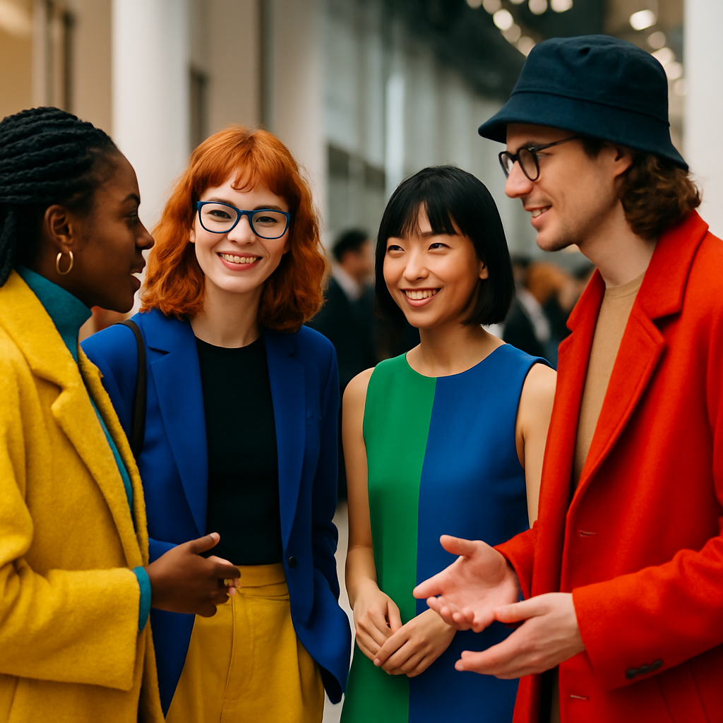 Een kleurrijke foto van een diverse groep mensen, waaronder mannen en vrouwen van verschillende leeftijden en etniciteiten, die met elkaar in gesprek zijn op een Fashion Week evenement. Ze dragen modieuze kleding met levendige kleuren en interessante texturen, wat hun individuele stijl en bewuste keuzes reflecteert. De setting is stijlvol en helder, met een focus op verbinding en uitwisseling.