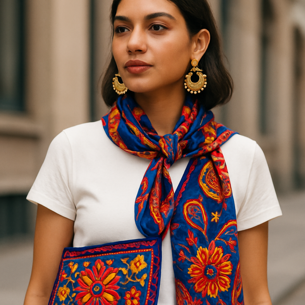 Een vrouw draagt een eenvoudige, moderne outfit gecombineerd met een opvallend, kleurrijk accessoire, zoals een geborduurde tas of een levendige sjaal, als voorbeeld van globale mode-integratie.