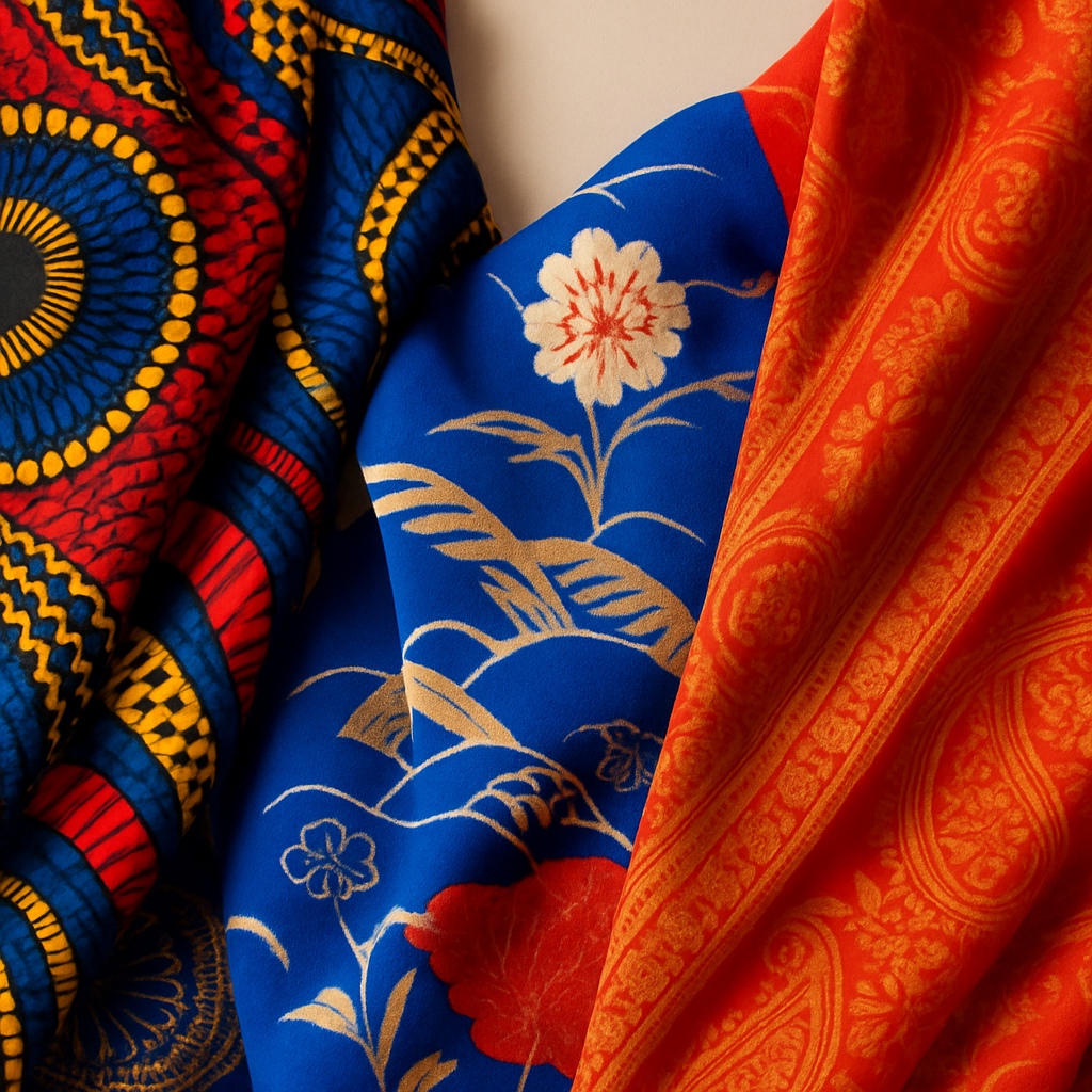 Gedetailleerde close-up van een samenvloeiing van kleurrijke stoffen: een geometrisch Afrikaans patroon, een delicaat Japans zijden motief en een glanzend Indiase stof met borduurwerk, elk met rijke texturen en levendige kleuren.