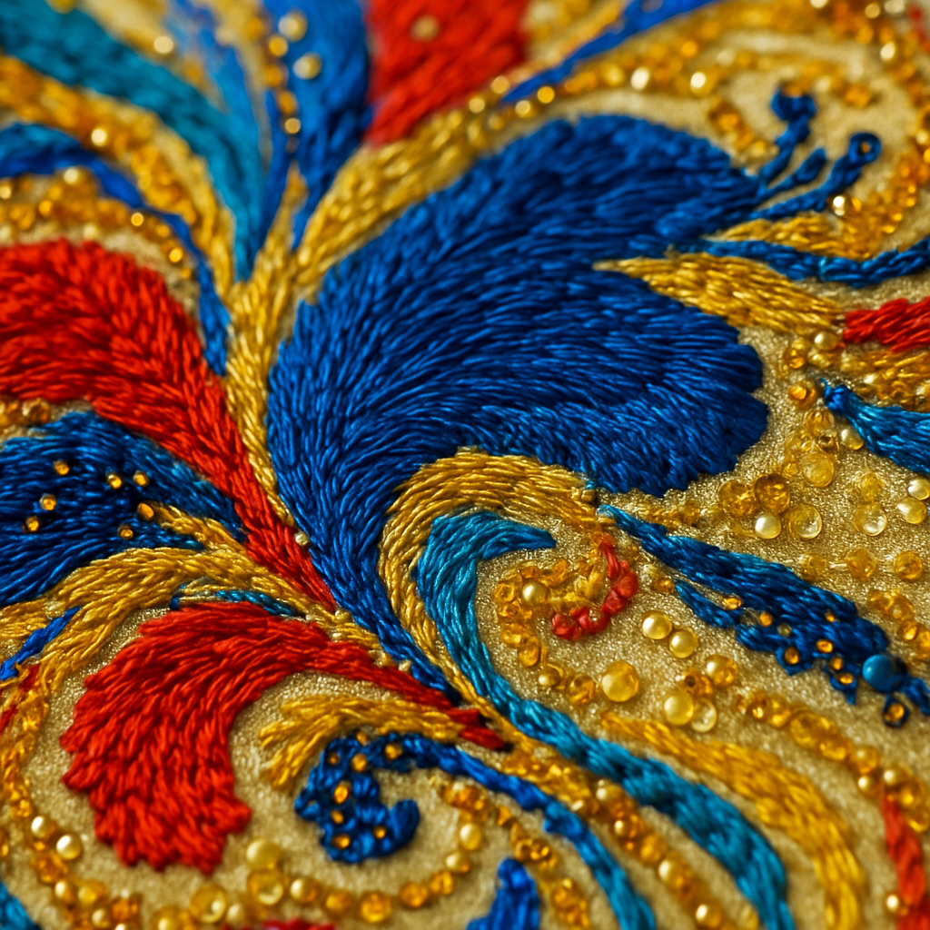 Een close-up van een haute couture-stof met ingewikkeld handborduurwerk en glimmende pailletten in levendige kleuren, met de nadruk op textuur en detail.