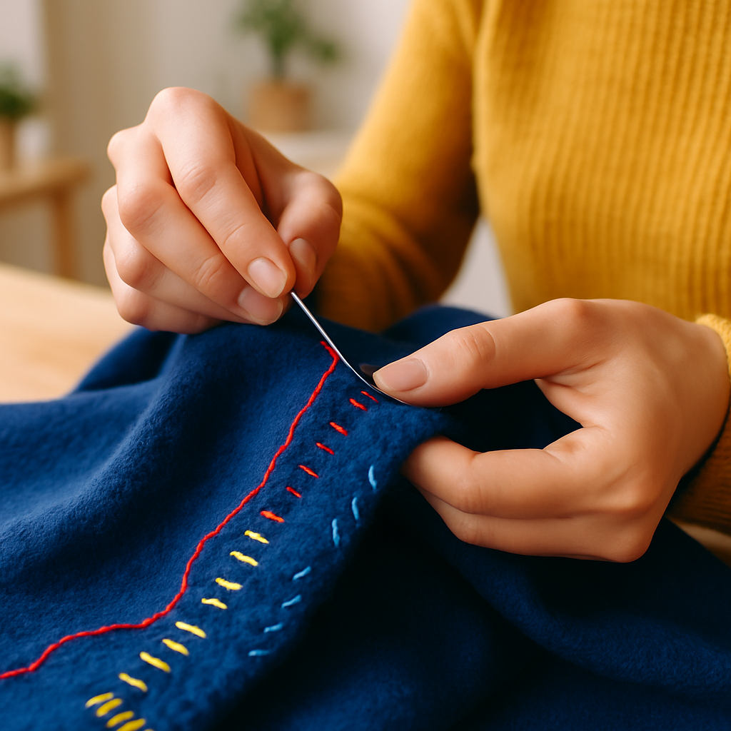 Close-up van handen die zorgvuldig kleurrijke draden gebruiken om een detail op een donkerblauw kledingstuk te herstellen of te verfraaien, met een zachte, lichte achtergrond. Een rode en gele draad steken fel af tegen de stof.
