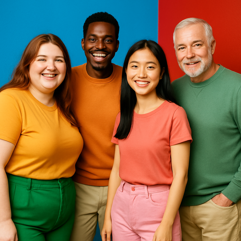 Een diverse groep mensen van verschillende lichaamstypes, leeftijden en etniciteiten, glimlachend en zelfverzekerd in stijlvolle kleding. De achtergrond is kleurrijk en minimalistisch.