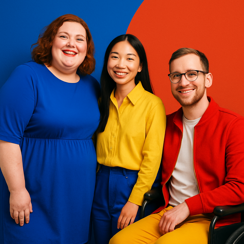 Een groep van drie diverse mensen. Een lachende plus-size vrouw, een petite persoon, en iemand in een rolstoel die aangepaste, stijlvolle kleding draagt. Ze dragen kleding in primaire kleuren en kijken glimlachend naar de camera. De achtergrond is licht en minimalistisch.