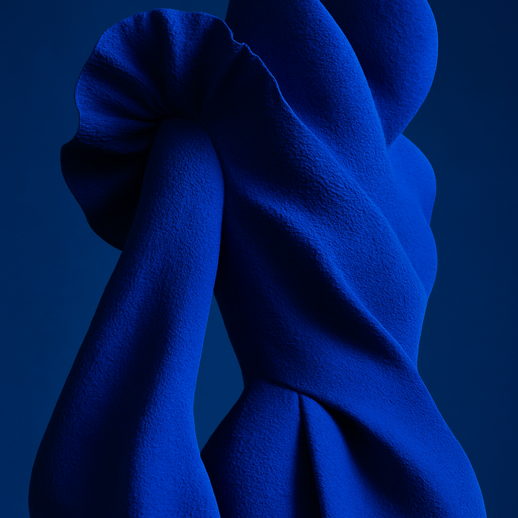 Een close-up foto van een gedrapeerde, getextureerde stof in een levendige kobaltblauwe kleur, met een innovatief, gelaagd silhouet dat de invloed van high fashion en experimentele duurzame materialen symboliseert. Het is minimalistisch gestyled met sterke contrasten en artistiek licht.