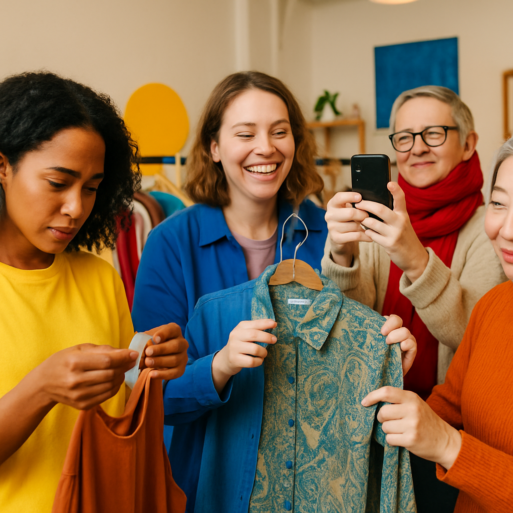 Een diverse groep mensen die actief betrokken is bij ethische modekeuzes. Een persoon onderzoekt een kledinglabel, een ander toont een tweedehands kledingstuk, en een derde fotografeert een lokaal ontwerp. De scène is kleurrijk en straalt gemeenschapszin uit.