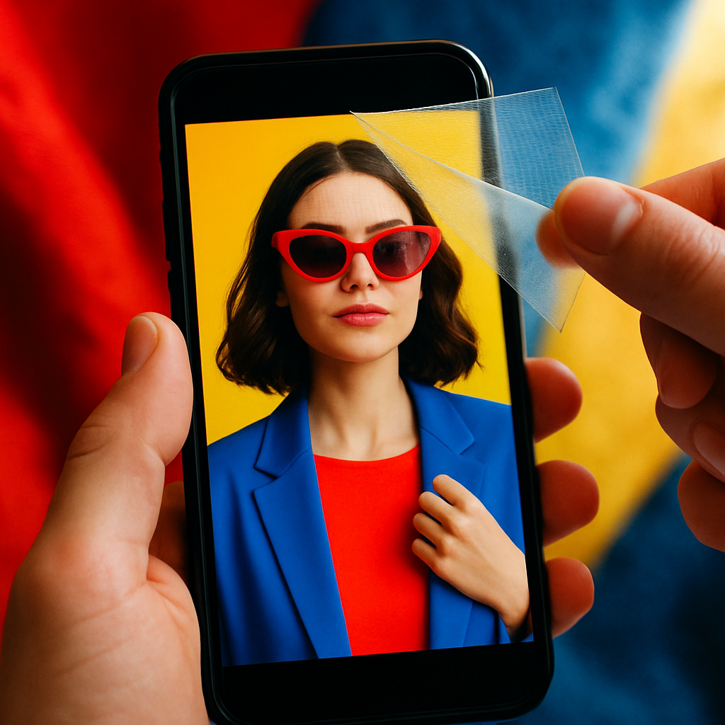 Een hand houdt een smartphone met daarop een bewerkte influencerfoto. Over de foto ligt een transparante, pixelachtige laag, terwijl de achtergrond onscherpe, realistische texturen toont, wat de noodzaak van kritisch kijken naar digitale perfectie benadrukt.