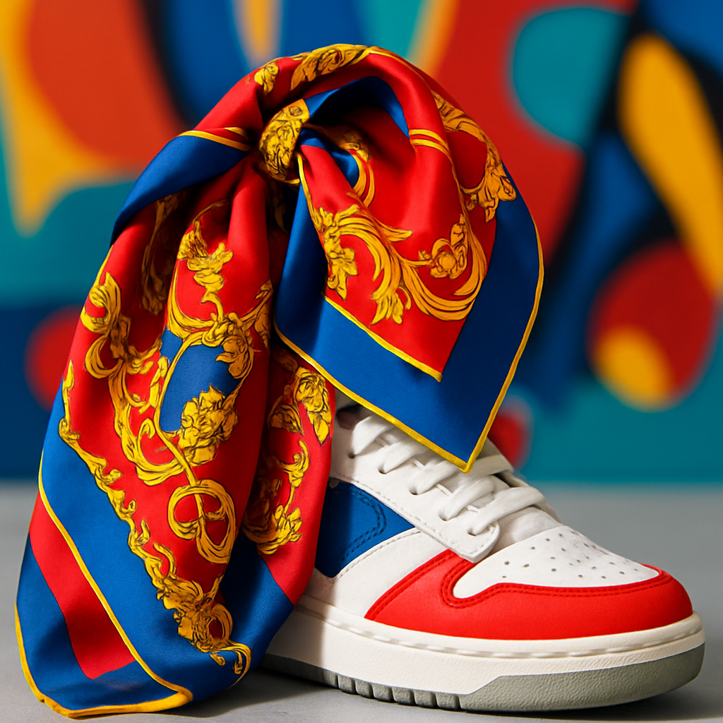 Een artistieke foto van een felgekleurde zijden sjaal die over een moderne, witte sneaker is gedrapeerd, met een abstracte, kleurrijke achtergrond. Het beeld symboliseert de evolutie van luxe door samenwerkingen en nieuwe trends.