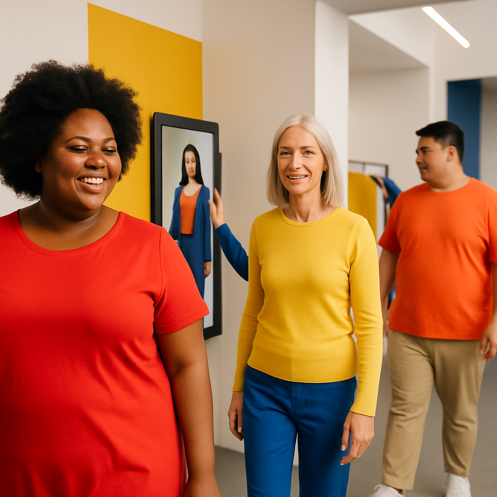 Een groep van diverse modellen met verschillende lichaamstypes, leeftijden en huidtinten presenteert moderne, goed passende kleding in een heldere, minimalistische omgeving. Sommigen gebruiken virtuele passpiegels op tablets, anderen staan in een fysieke winkel, wat de transitie in modeontwerp, marketing en retail weerspiegelt.