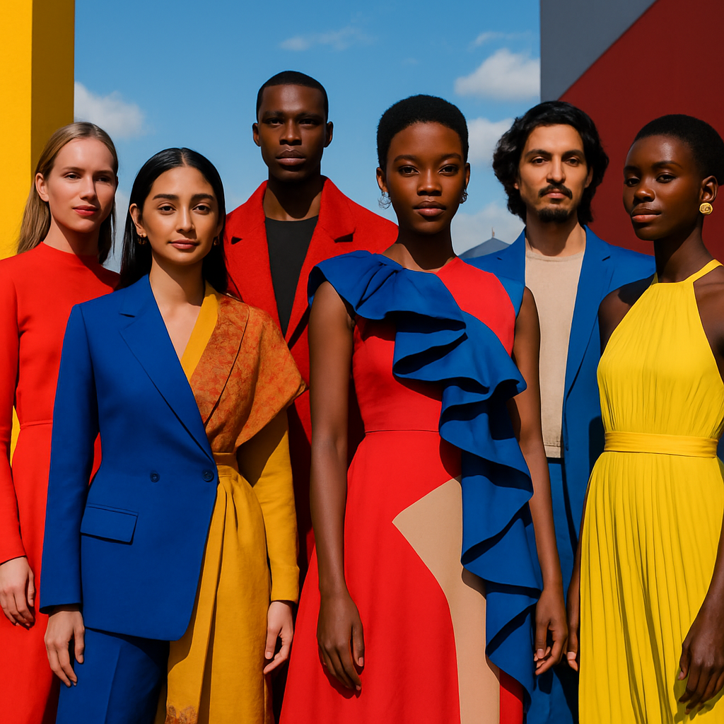 Een diverse groep mensen, elegant gekleed in een mix van traditionele en moderne kledingstijlen, staat in een levendige, kleurrijke setting die de mondiale diversiteit van mode en de evolutie van fashion week symboliseert.
