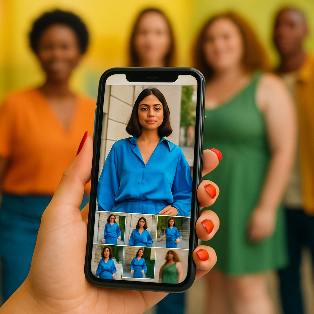 Een hand met rode nagellak houdt een smartphone vast. Op het scherm is een mode-influencer te zien. Op de achtergrond, subtiel wazig, zijn diverse mensen zichtbaar, wat de brede invloed en herkenbaarheid van influencers symboliseert.