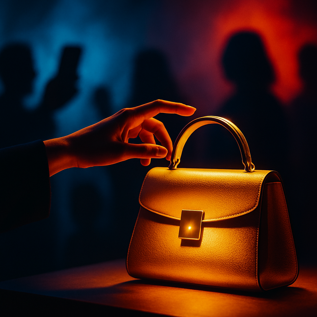 Een close-up van een hand die reikt naar een fel verlicht, luxueus mode-item zoals een tas, met op de achtergrond wazige figuren en smartphone schermen die de maatschappelijke invloed en digitale hype symboliseren. De afbeelding is kleurrijk en contrastrijk.