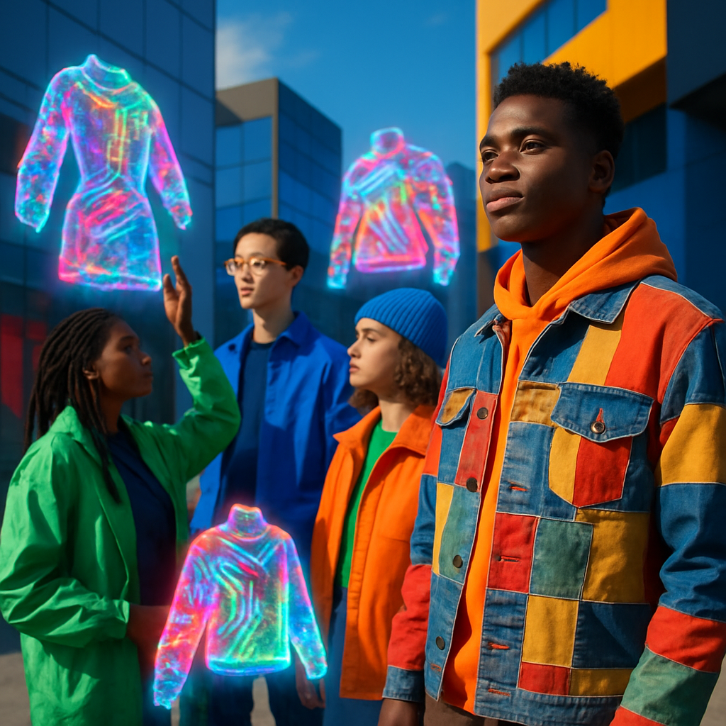 Een dynamische, kleurrijke foto van jonge mensen in een futuristische stad. Eén draagt duurzame, geüpcyclede kleding, terwijl anderen virtuele fashion-elementen op hun outfits hebben, gesymboliseerd door levendige hologrammen.