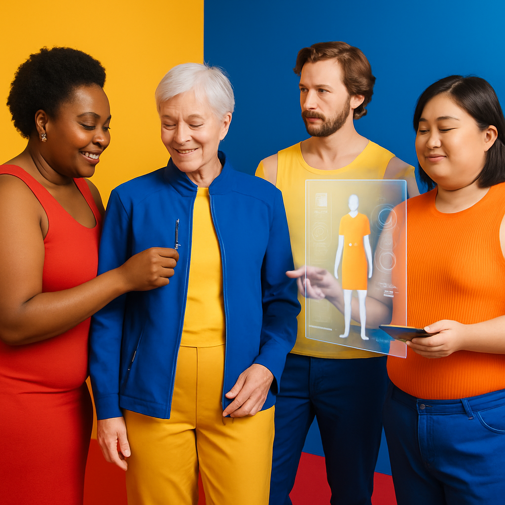 Een diverse groep mensen, waaronder iemand in adaptieve kleding, bekijkt innovatieve mode-ontwerpen op futuristische schermen, wat inclusiviteit en technologische vooruitgang in de mode symboliseert.