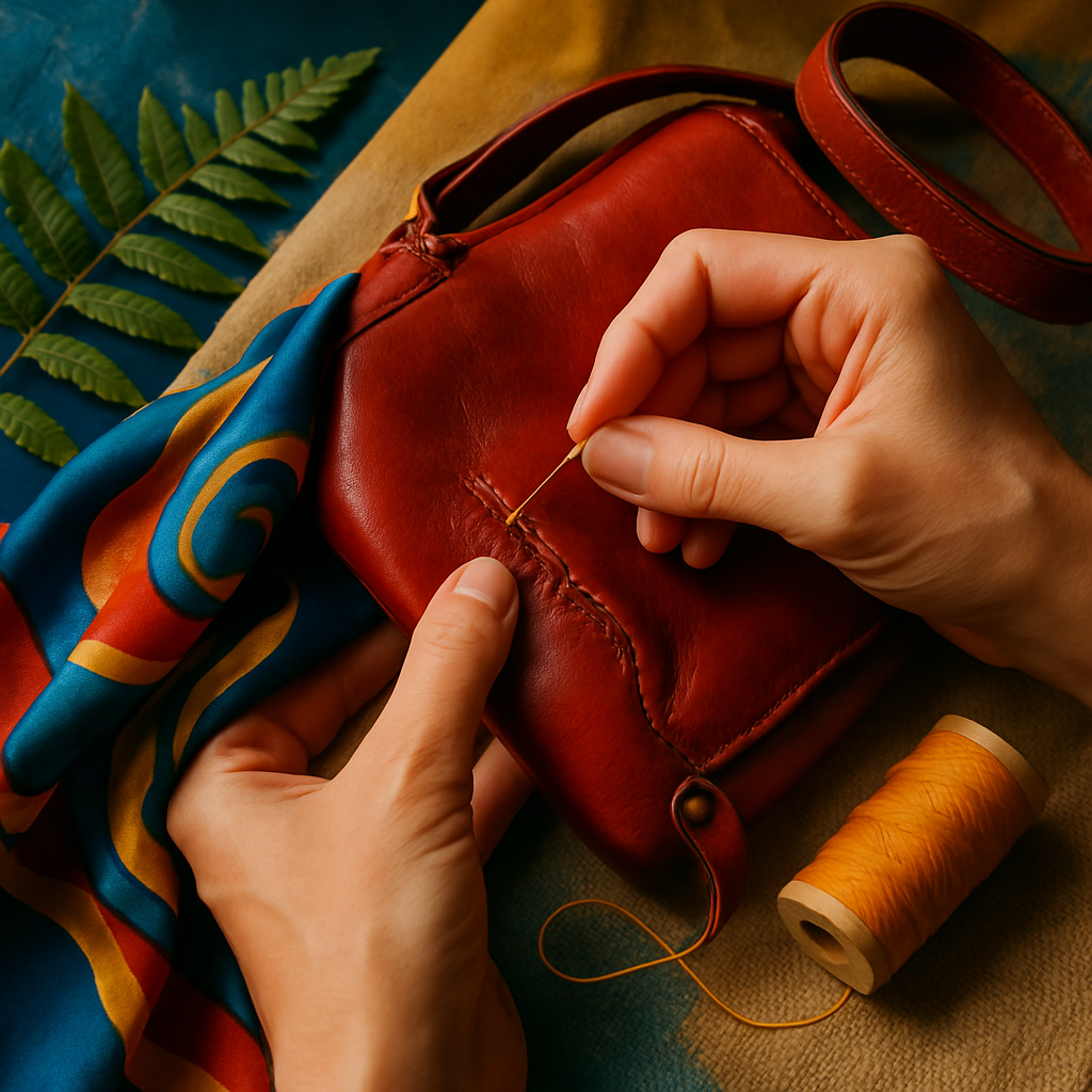 Een close-up van handen die zorgvuldig een luxe, geborduurd textiel of een leren item repareren, met op de achtergrond zachte, duurzame materialen.